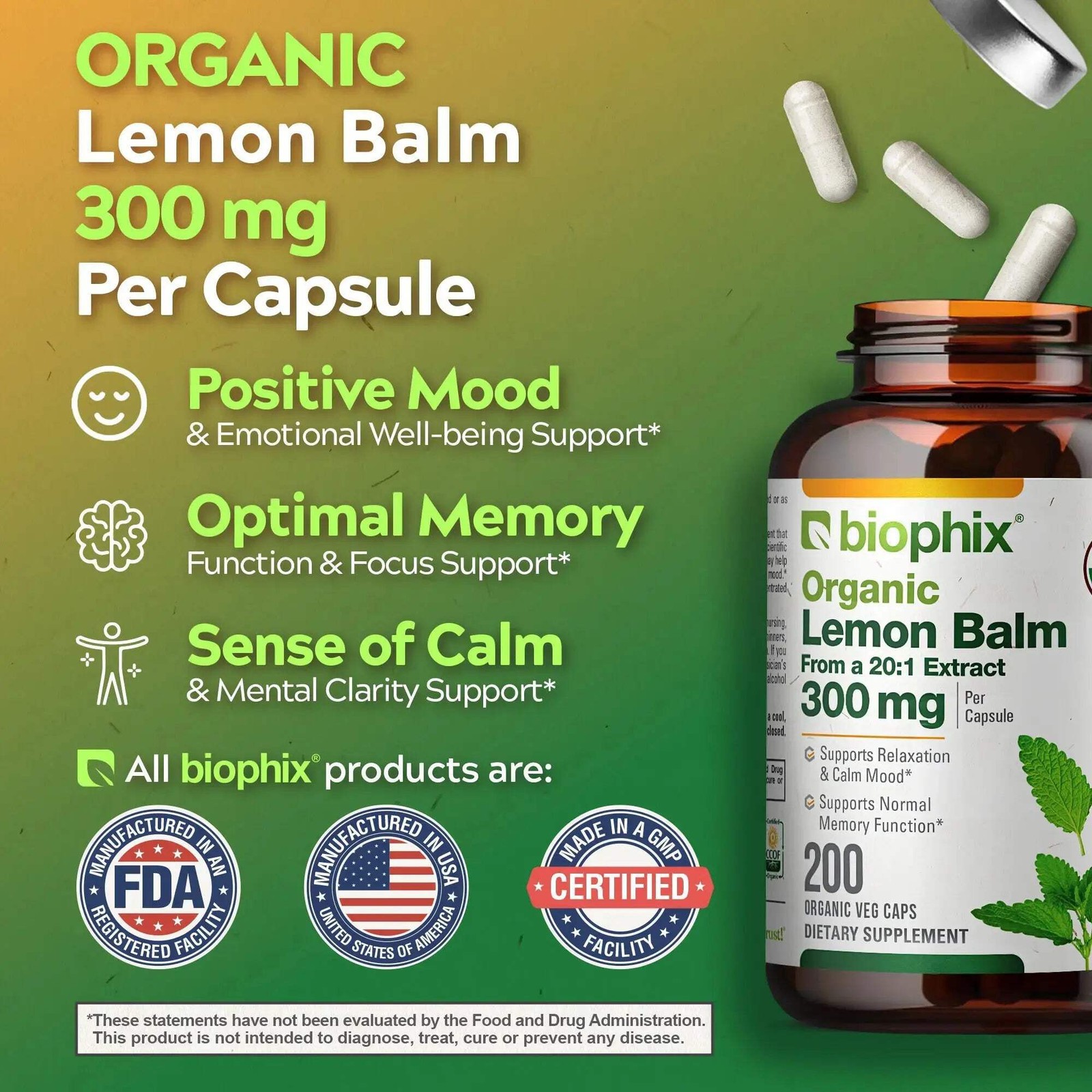 biophix Lemon Balm USDA Organic 20:1 Extract 300 mg 200 Veggie Caps