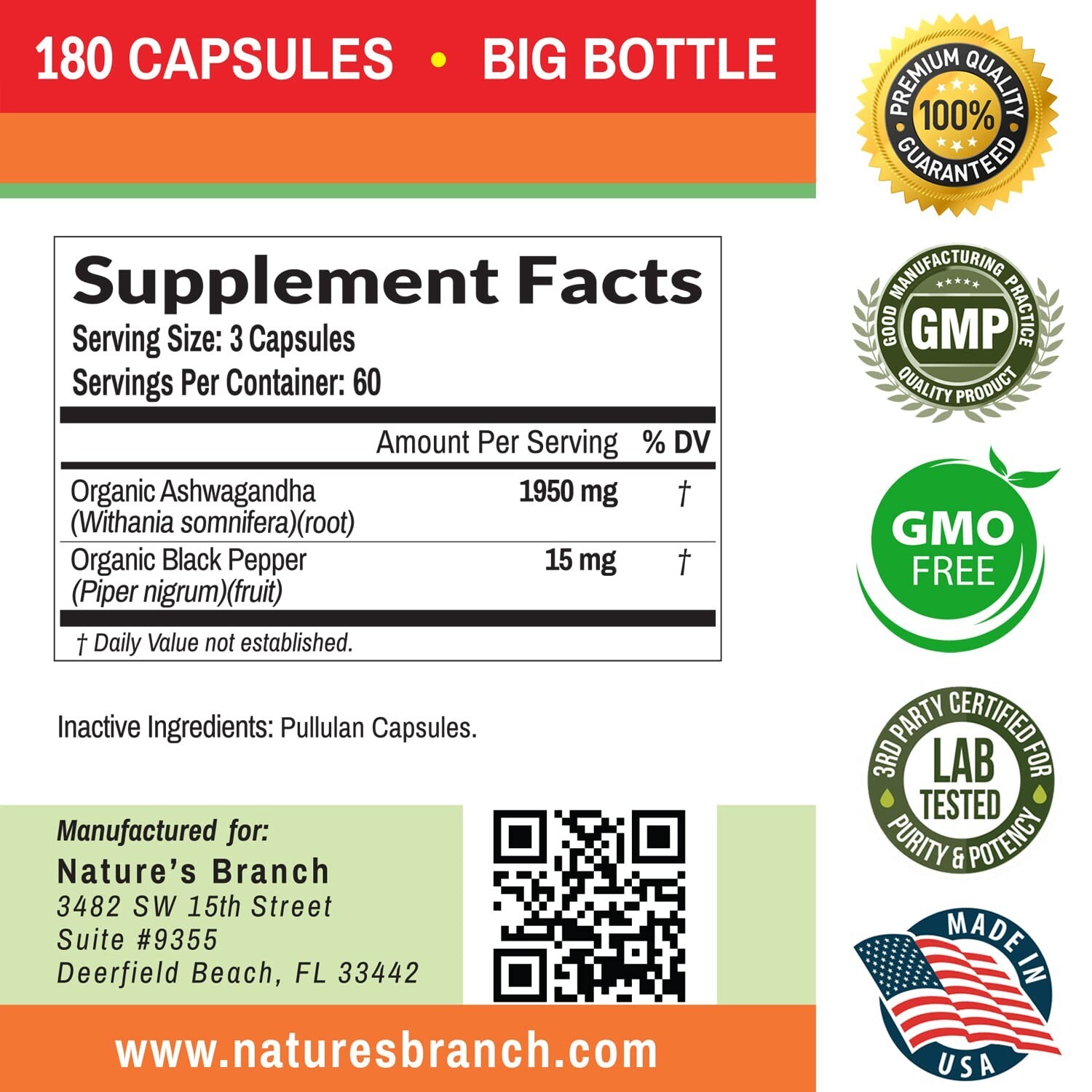 Organic Ashwagandha with Black Pepper – 180 Capsules – 1950mg Maximum Strengt…