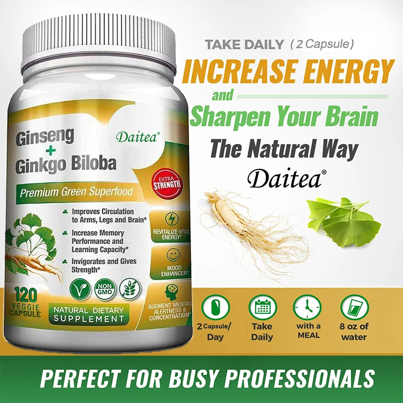 Ginseng + Ginkgo Biloba for Brain Function, Blood Circulation Vegan Capsules