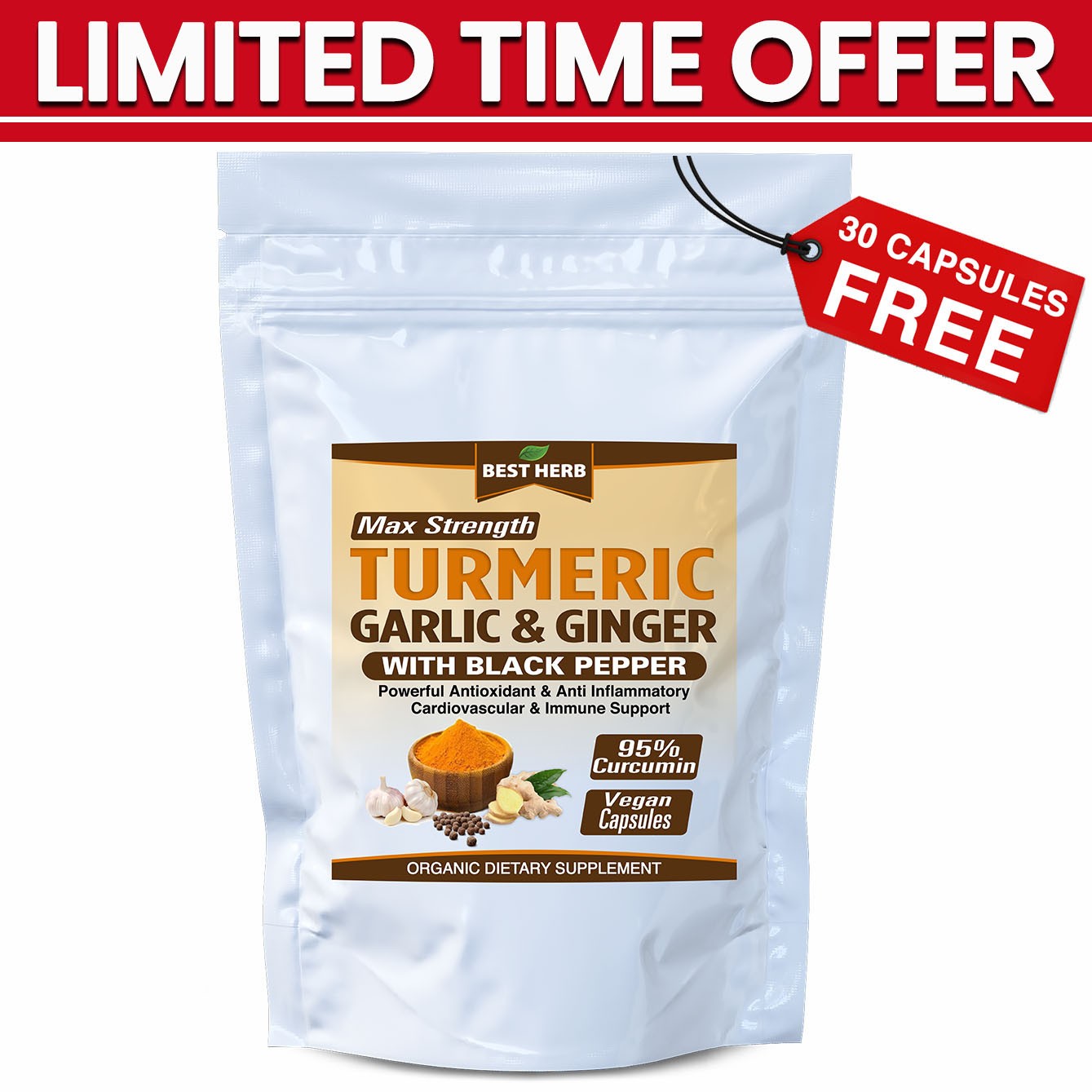 240 PURE TURMERIC GARLIC GINGER BLACK PEPPER EXTRACT 95% CURCUMIN TUMERIC PILLS