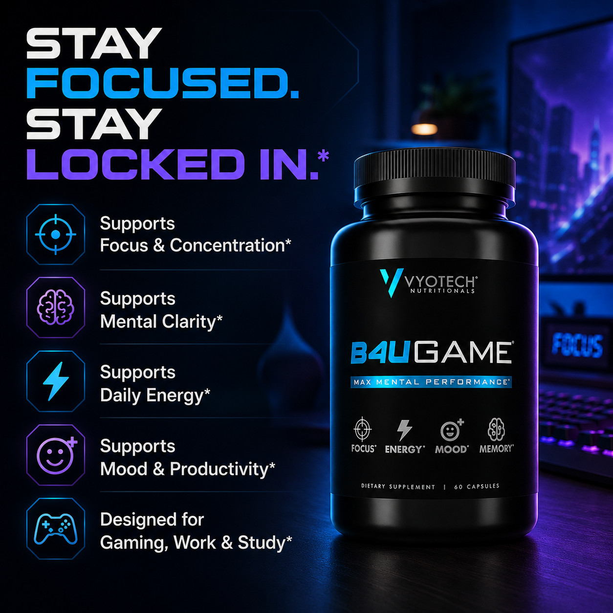 B4UGAME Vyotech Nootropic Brain Booster Supplements Max Mental Performance 3 Bt