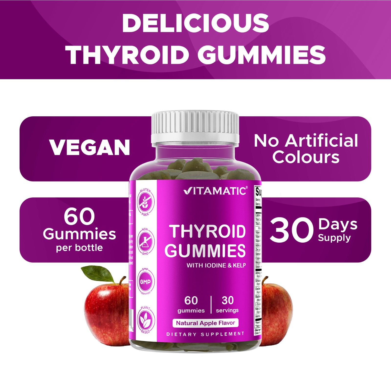 2 Pack Vitamatic Vegan Thyroid Support Gummies with Iodine & Kelp – 60 Count