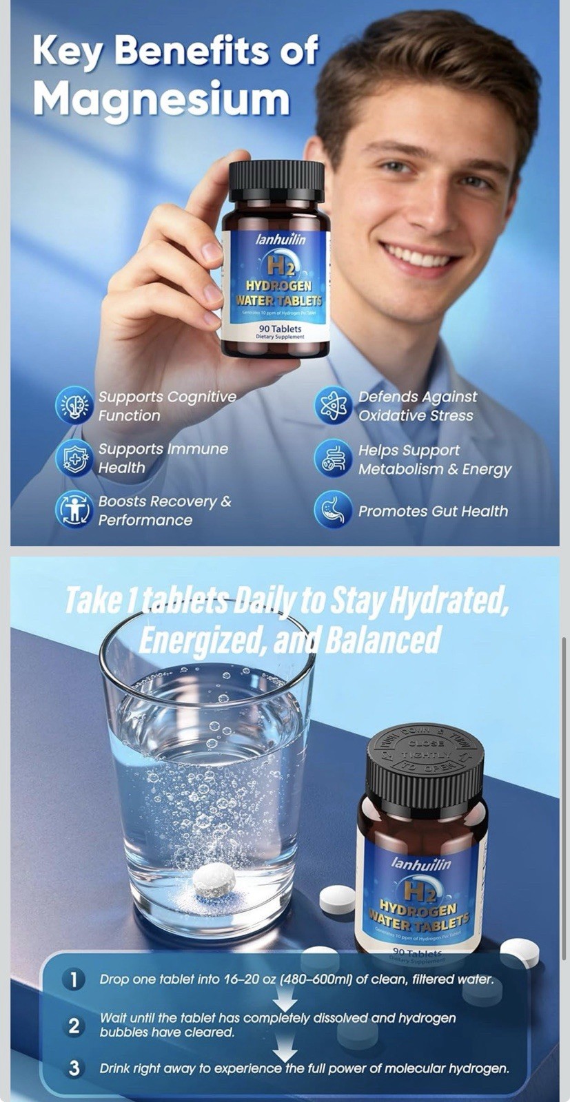 lanhuilin H2 Hydrogen Water Tablets 150mg Magnesium 90 Count Unflavored Vegan