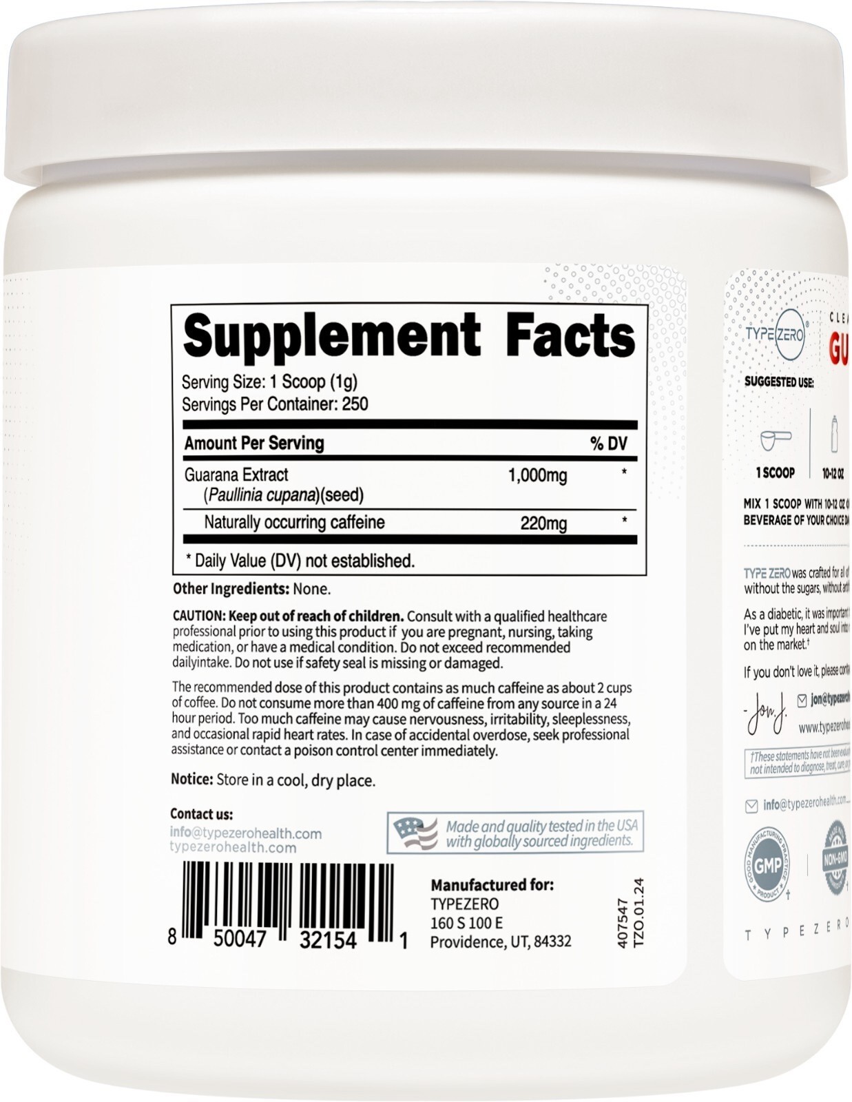 Type Zero Clean Guarana Powder Drink Mix (250 Servings, Unflavored)