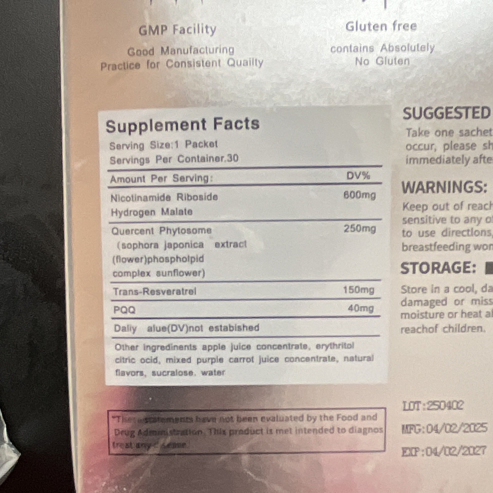 TWO BOXES NAD+ 1000mg Sachets 30ct NR PQQ Trans-Resveratrol Quercetin Phytosome
