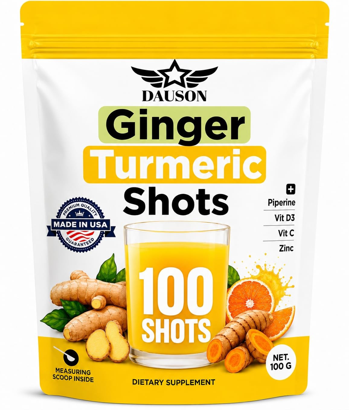 DAUSON Ginger Shots | Daily Wellness 100 Servings (Pack of 1), Yellow