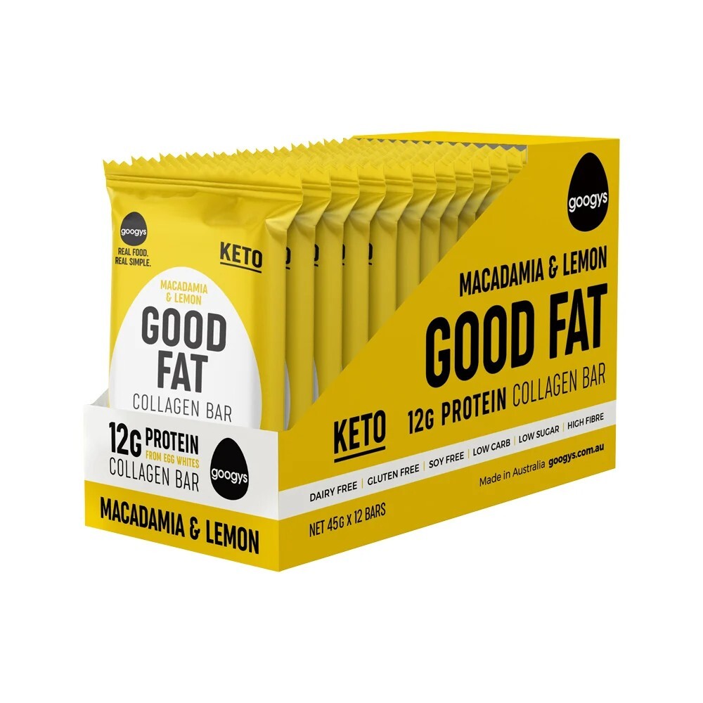 New Googys Good Fat Collagen Bar Macadamia & Lemon 45g x 12 Bars