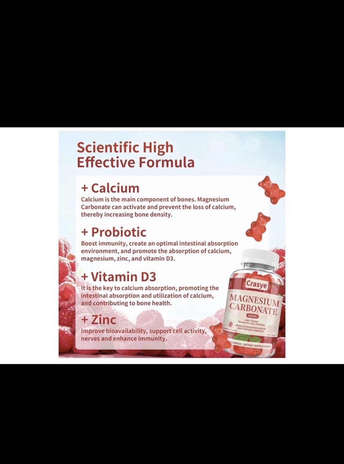 Crasye Magnesium Carbonate Gummies 500mg Sugar Free Raspberry 60ct