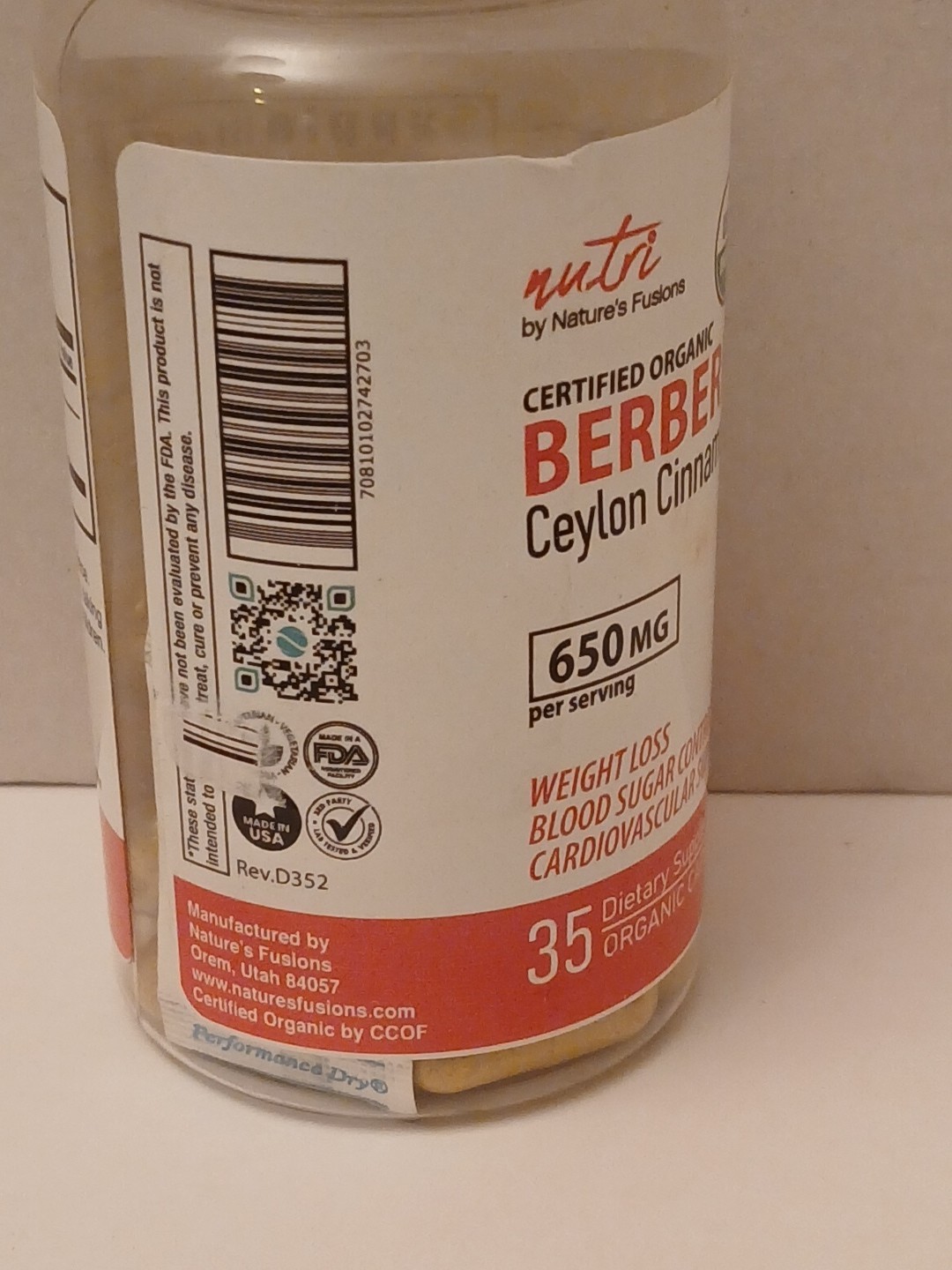Nutri Berberine + Ceylon Cinnamon 35 Capsules 650mg per serving BB: 10/26