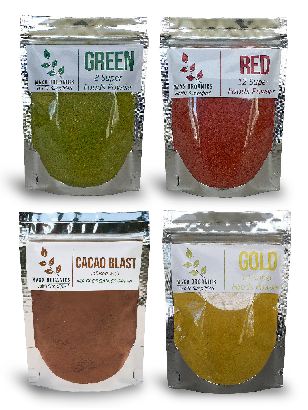 MAXX Organics Value 4pk GREEN GOLD RED CACAO SUPERFOOD POWDER Comp. Balance, AG1