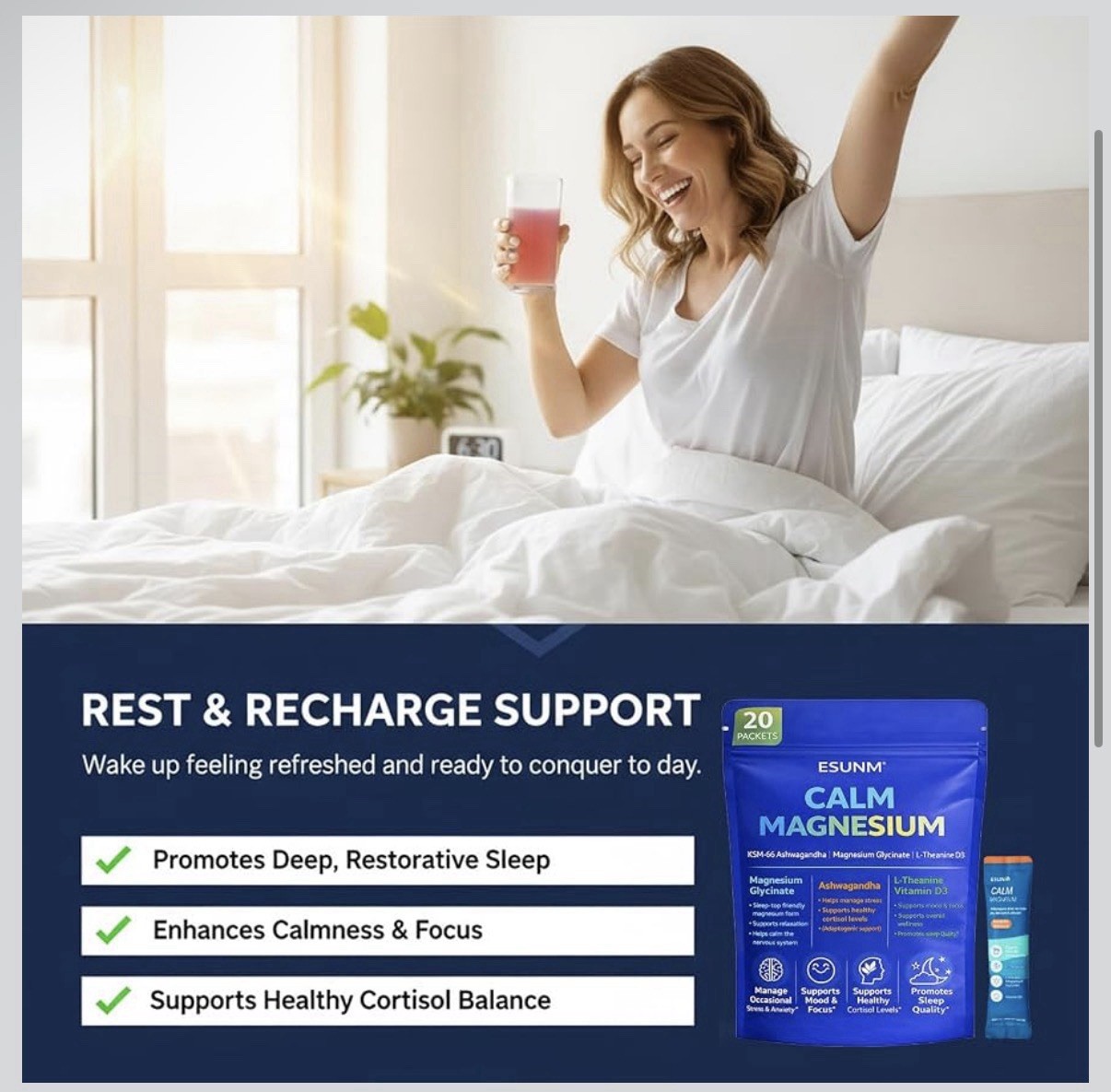 ESUNM Calm Magnesium Raspberry Lemonade Drink Mix Stress Relief 20 Packets