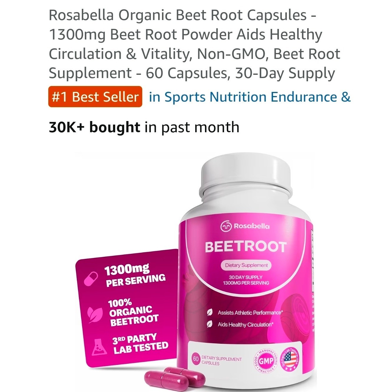 Rosabella Organic Beet Root Capsules 60ct 30 Day Supply Healthy Circulation