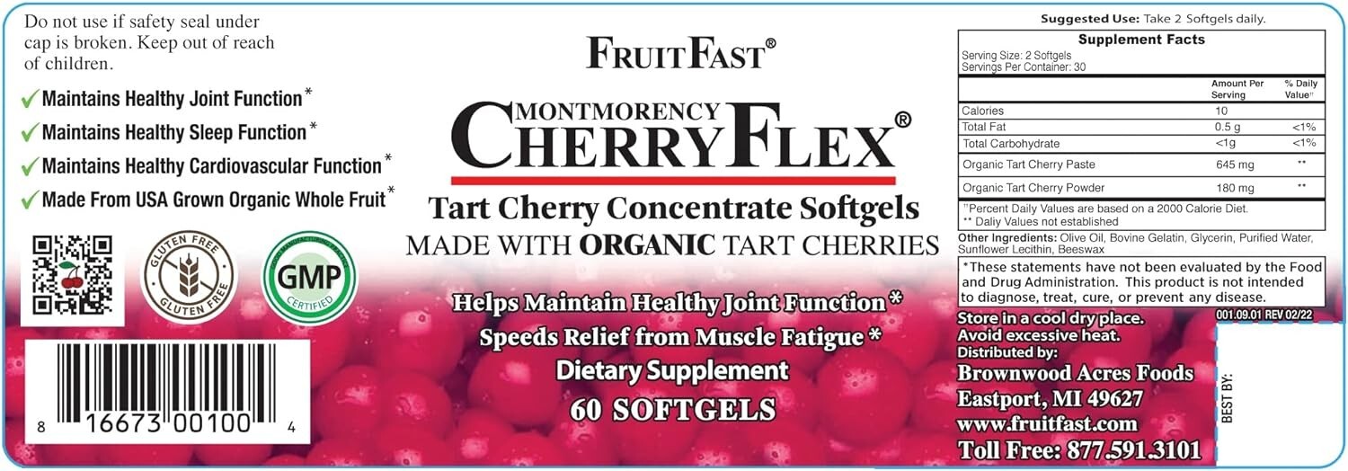 100% Red Tart Organic Cherry Concentrate Supplement 60 Count Non-GMO Gluten Free