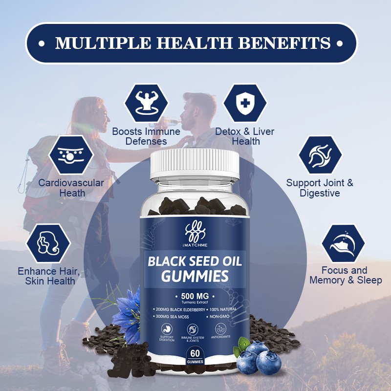 Black Seed Oil 500mg Gummies – with Elderberry, Sea Moss & Ashwagandha, 120ct