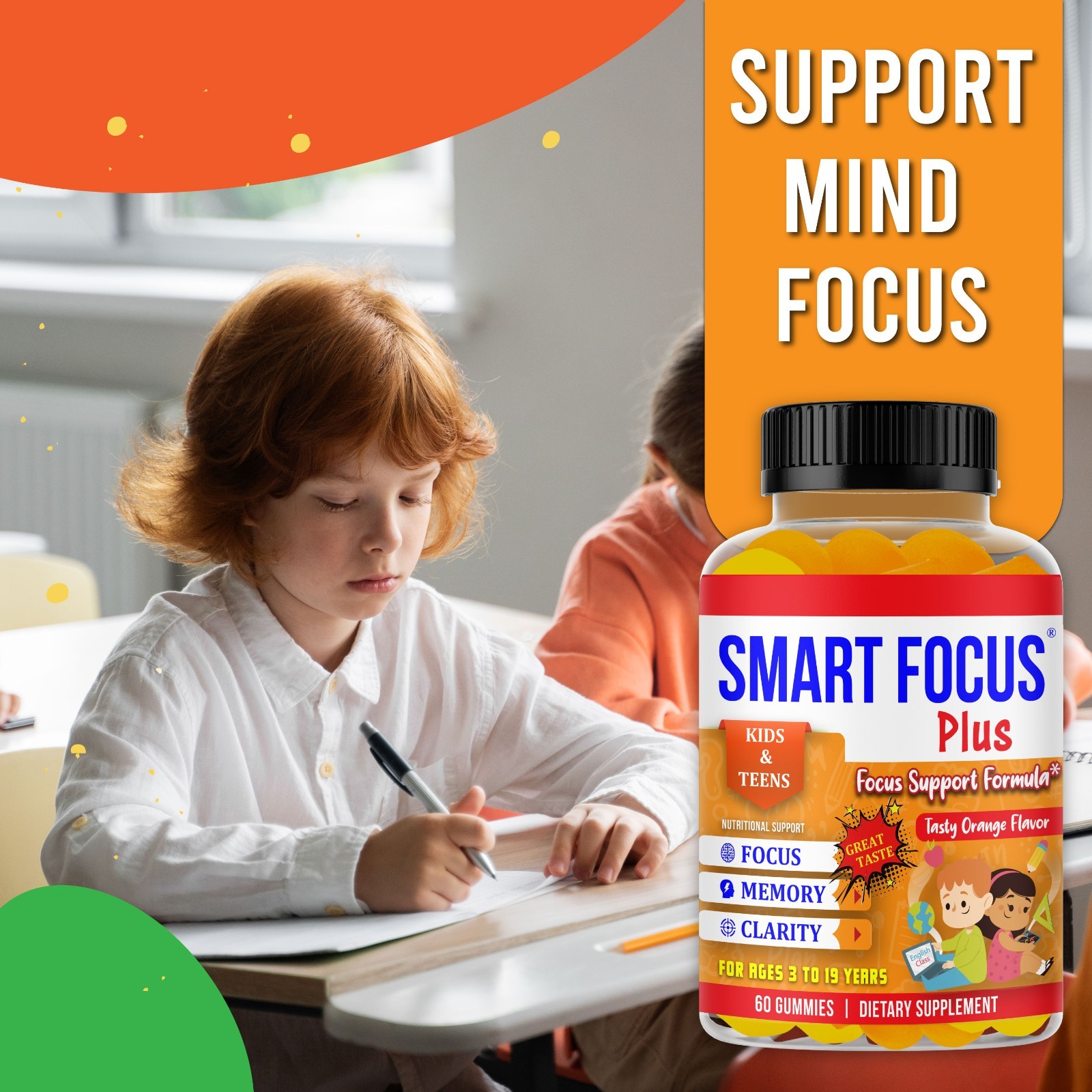 Smart Focus Gummy for Kids & Teens with DHA Omega 3 Brain & Memory Vitamins-60ct