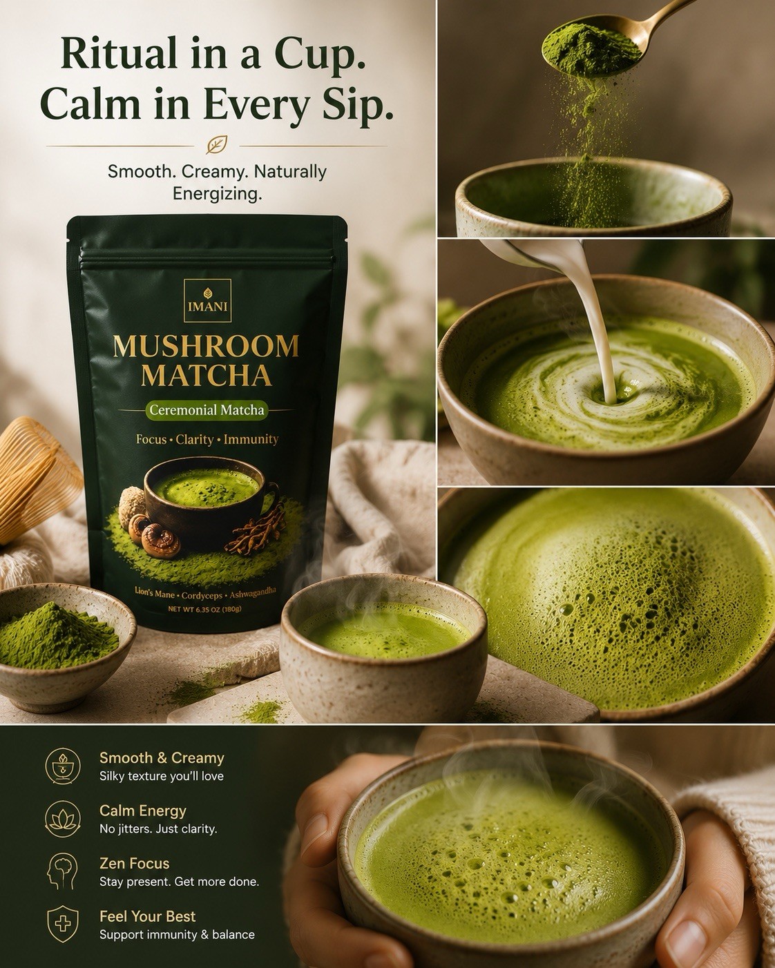 IMANI Mushroom Ceremonial Matcha Focus, Clarity & Calm Energy Superfood Blend