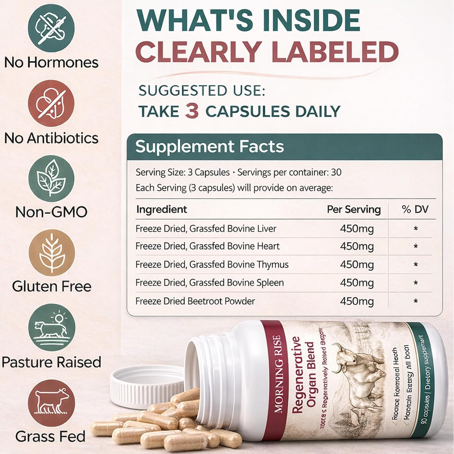 Regeneratively Raised Beef Organs Capsules, Support Energy Supplement 90 Caps