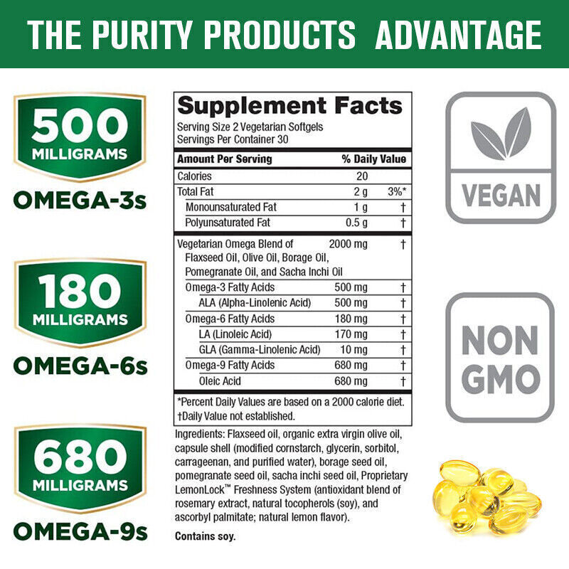 1360mg Omega 3 6 9 Vegan Capsules High Strength Fatty Acids Immune Support