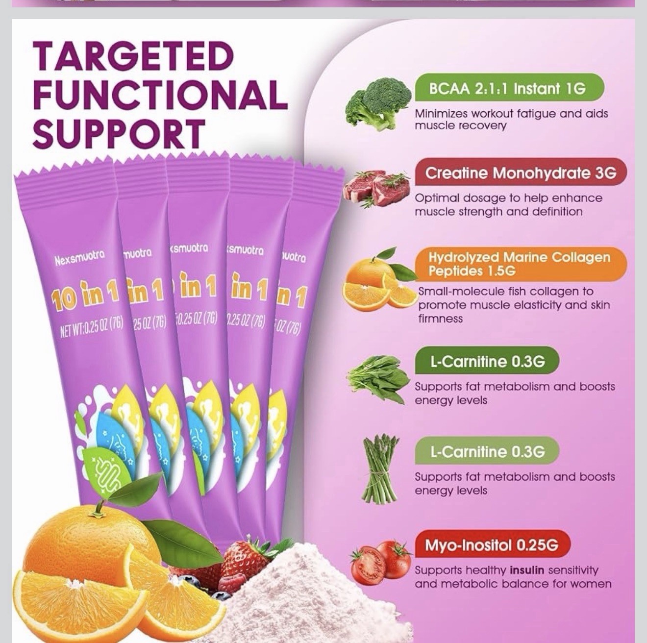 Nexsmuotra 10-in-1 Dietary Supplement Powder Sticks 30 Servings Tropical Orange