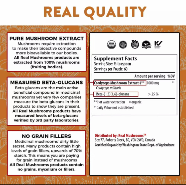2 PACK Real Mushrooms Organic Cordyceps Mushroom Extract Powder Peak Vegan NEW