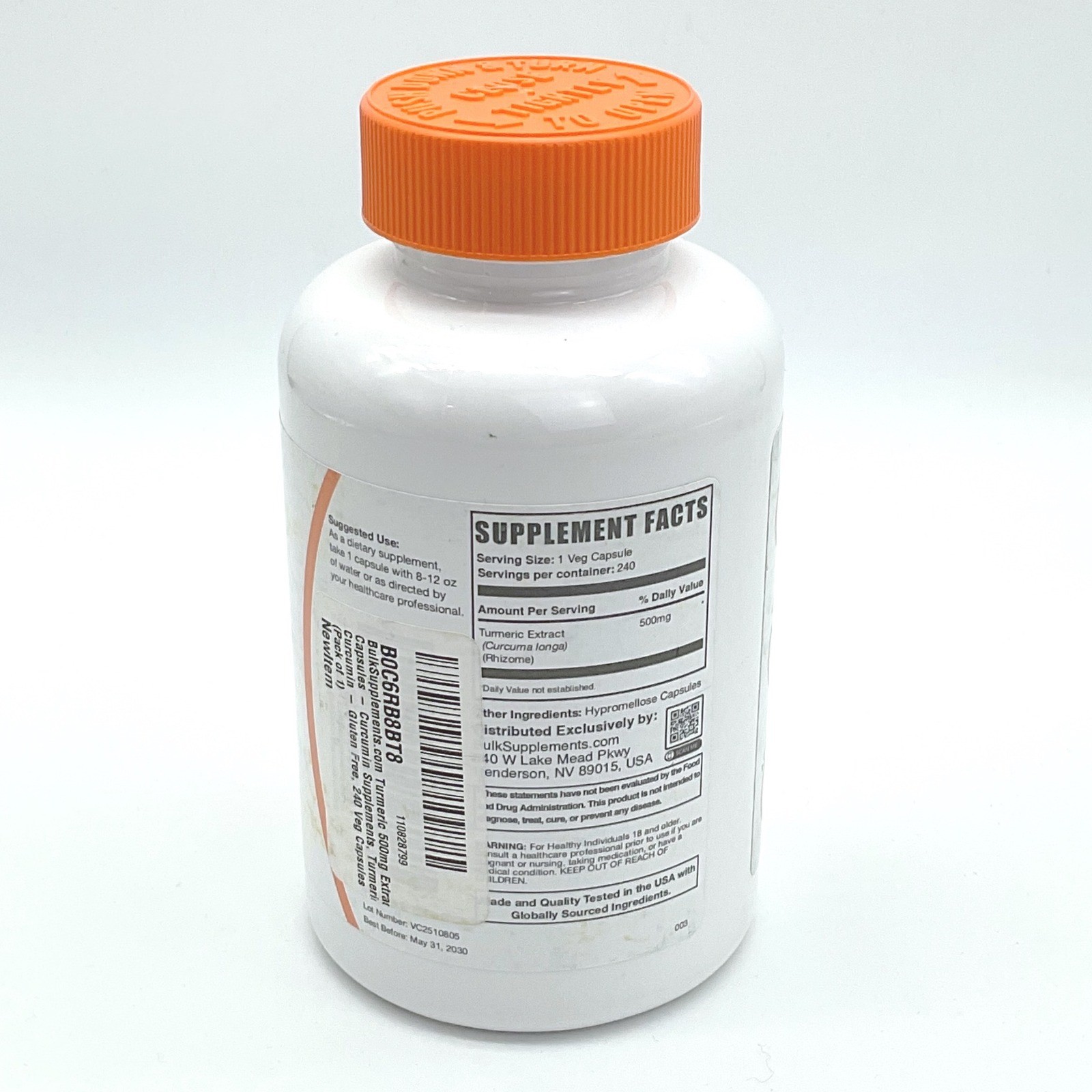 BulkSupplements Turmeric Curcumin 500mg 240 Veg Capsules Gluten Free Exp 05/2030