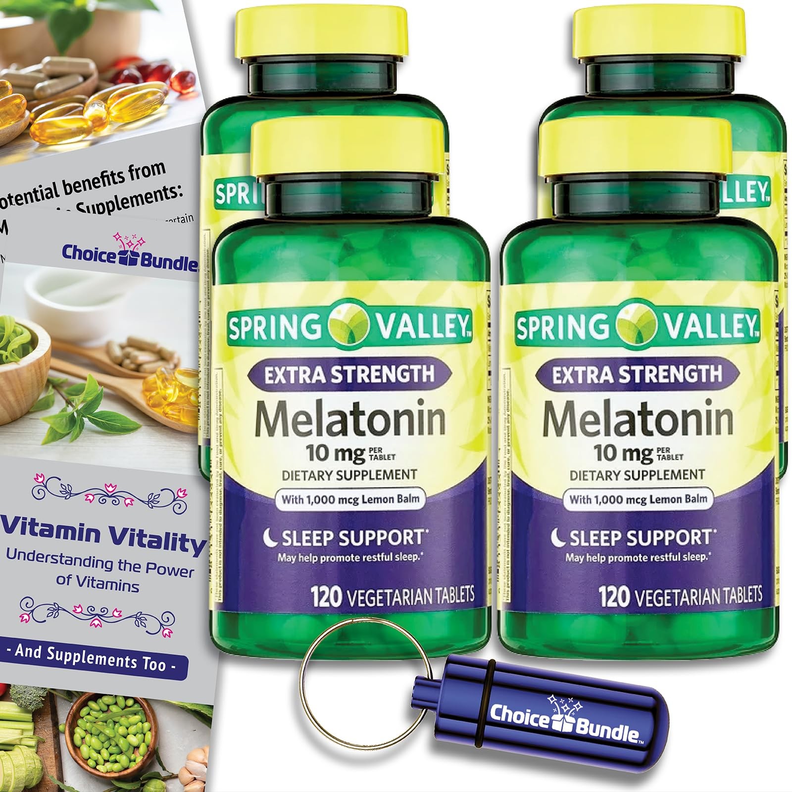 Spring Valley Melatonin 10mg Lemon Balm 4Pk (480ct) + Bonus Vit Guide & Case