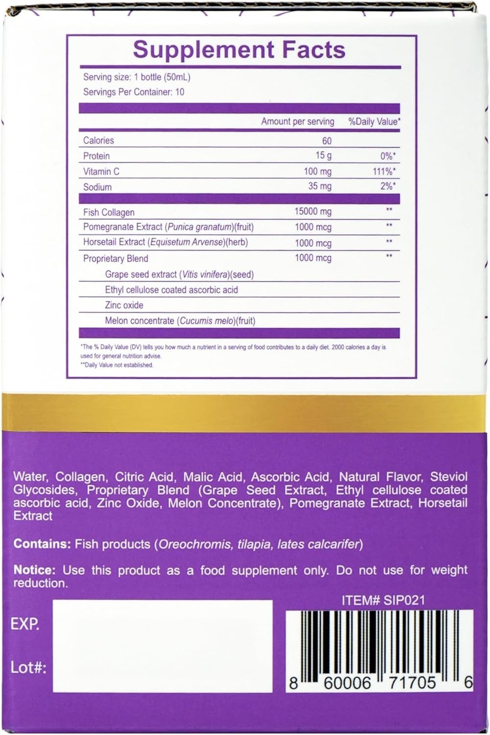 Diamond Marine Collagen Drink – 15,000mg – Grape Flavor – 10 Bottles 1.69 fl oz