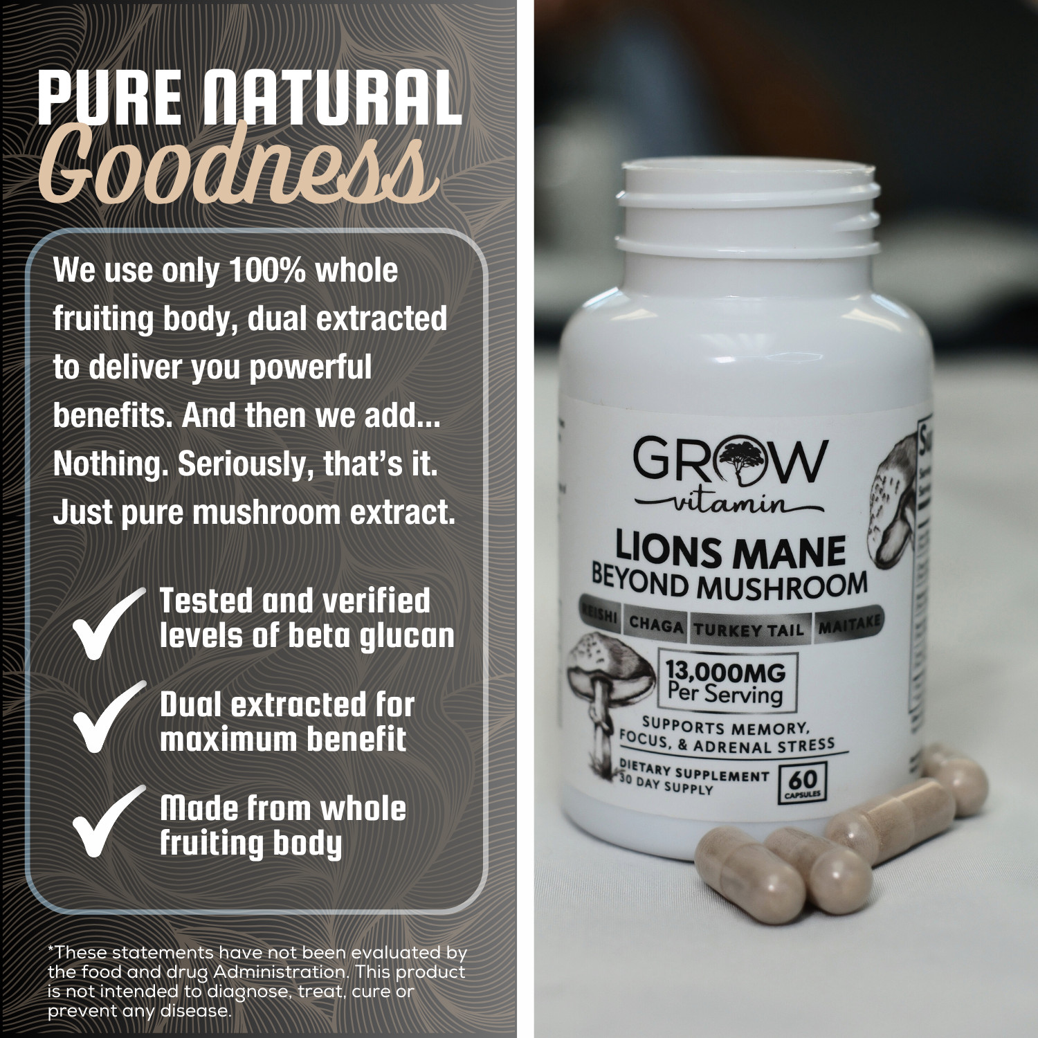 Genius Mushroom Supplement – Lions Mane, Cordyceps, Reishi – Brain Nootropic for