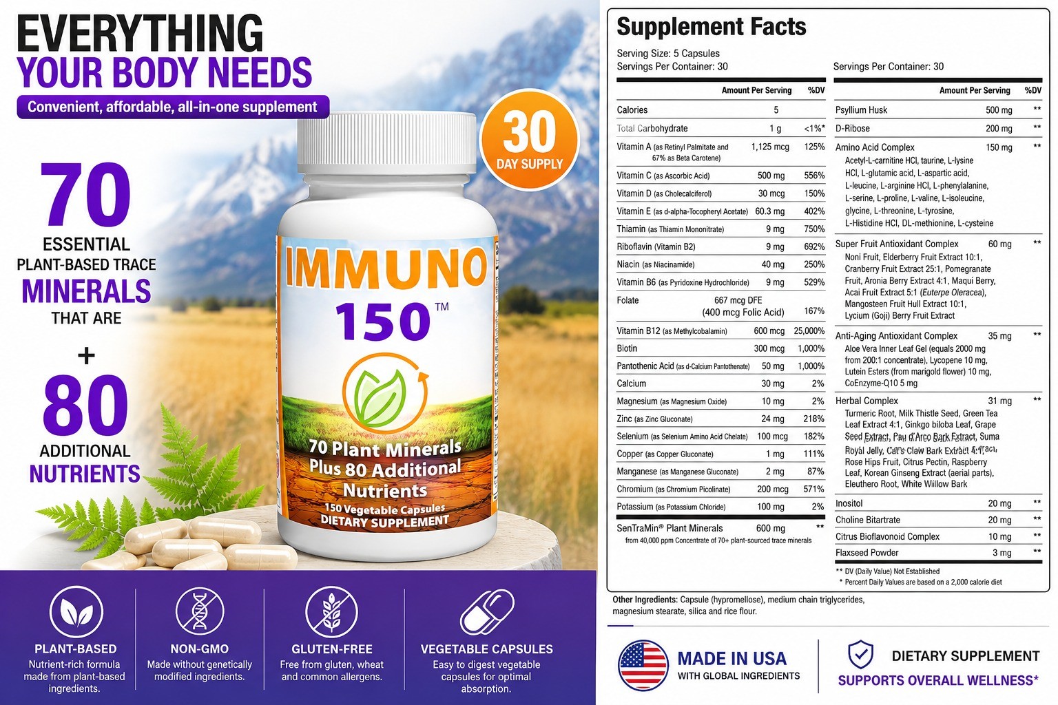 Multivitamin Capsules 2 Pack 150 Count Plant Based Daily Supplement
