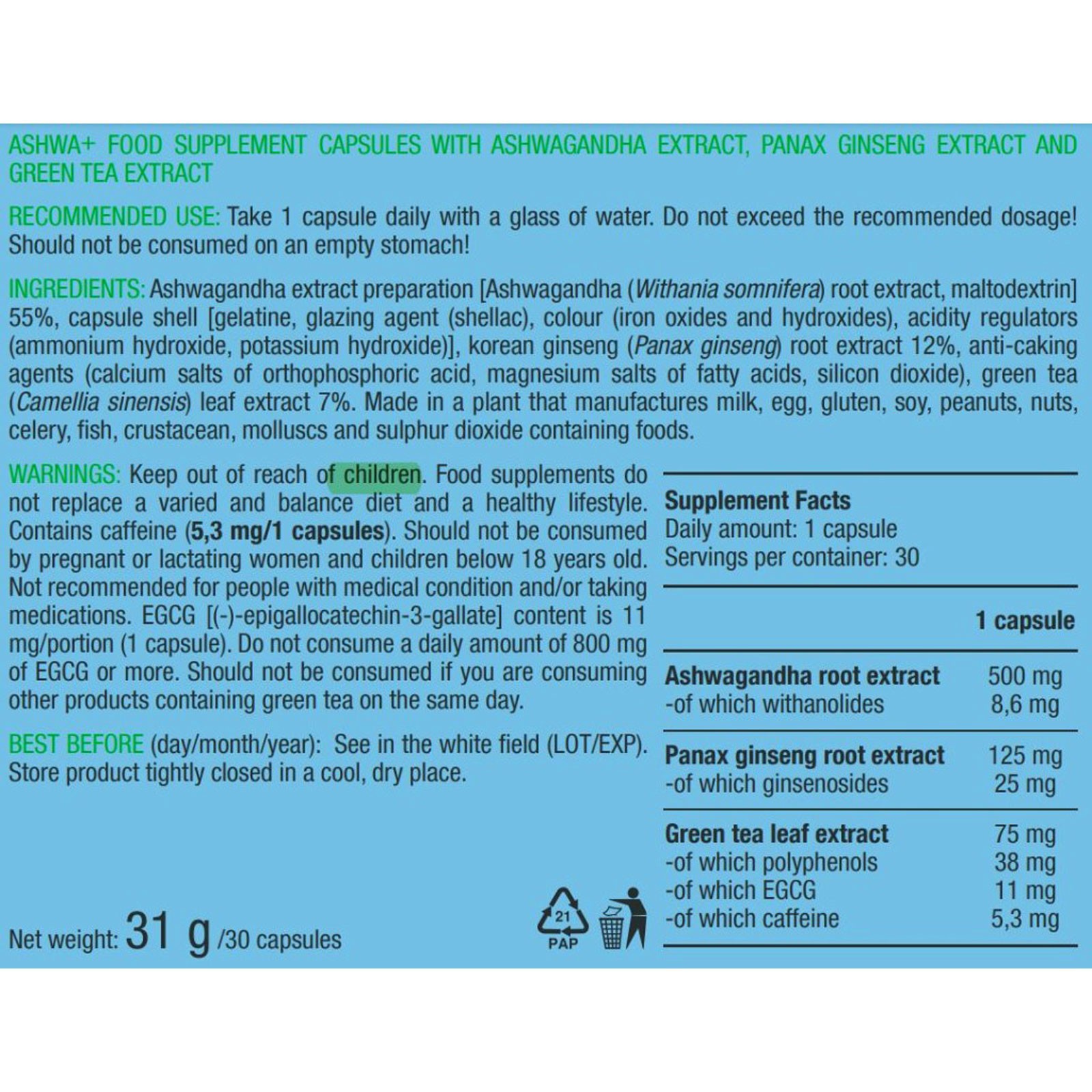 ASHWA+ – 30 Capsules – Ashwagandha – More Energy, Inner Peace, Focus, Balance