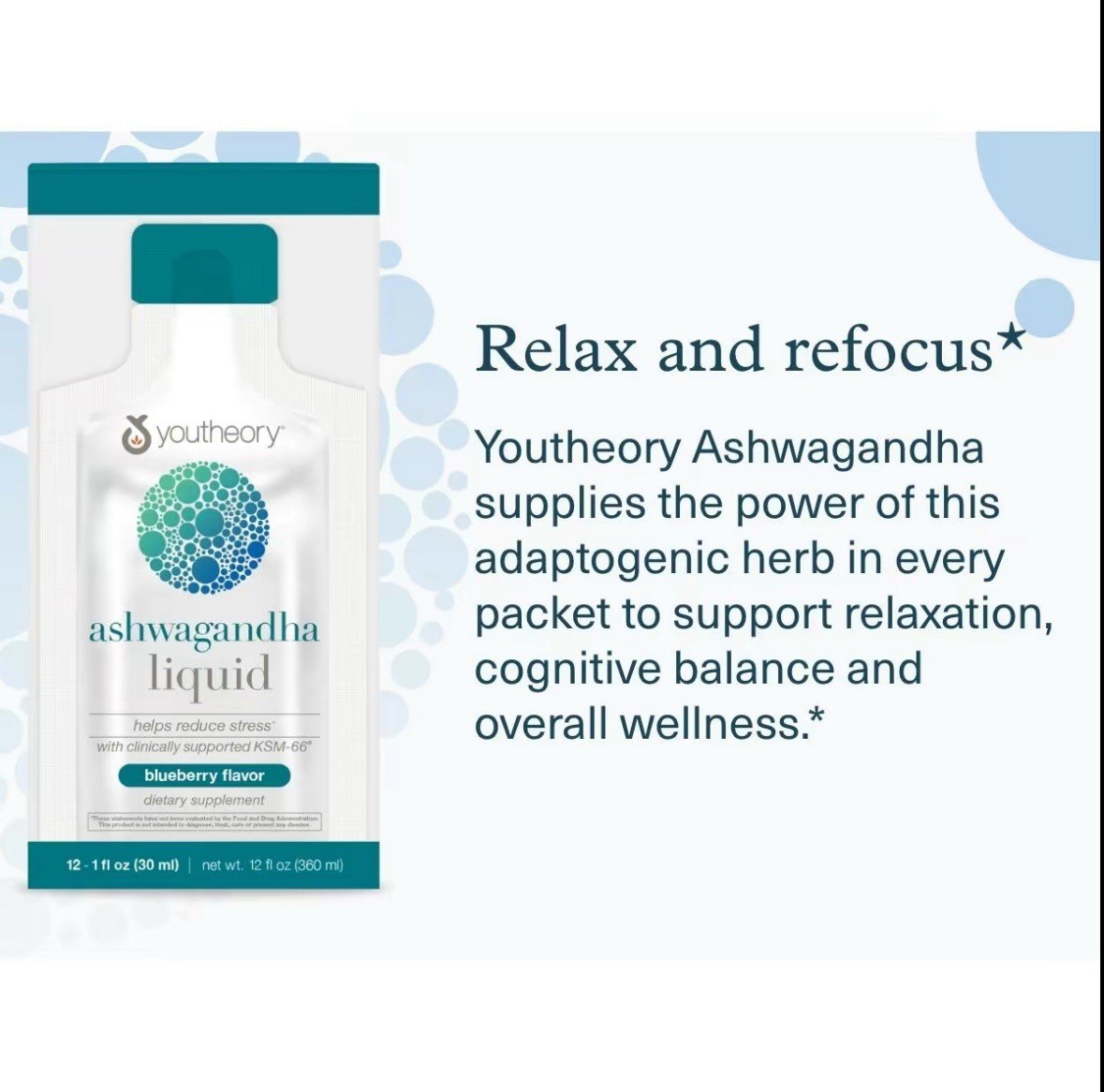 Youtheory – Ashwagandha Liquid Stress Relief Blueberry – 12 Packet(s); EXP 08/24
