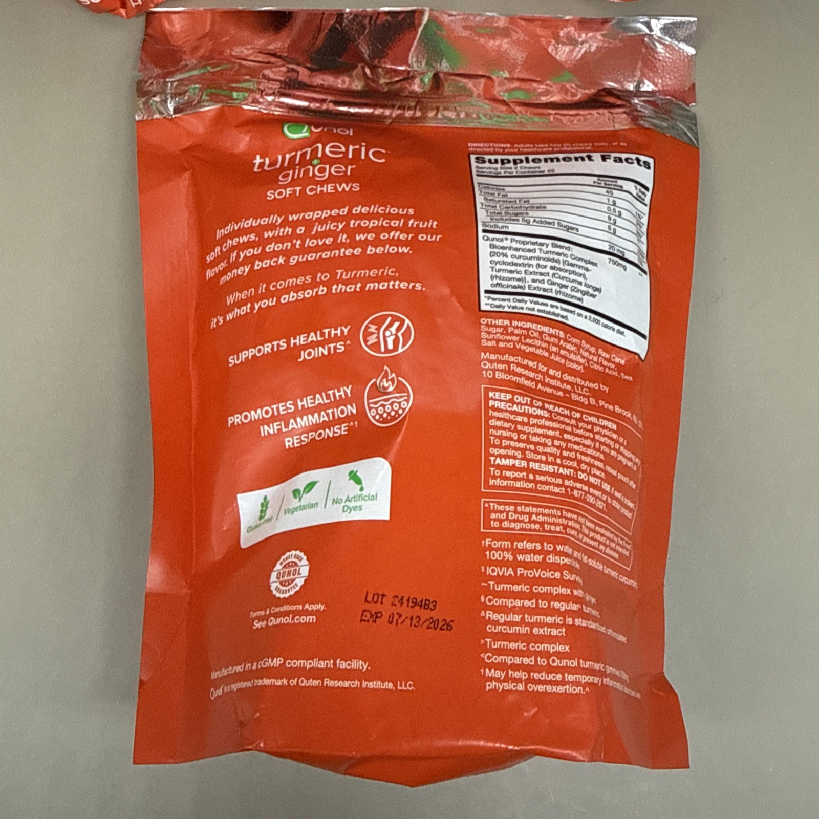 3 packs Qunol Turmeric + Ginger 750 mg Fruit Flavor 90 Soft Chews Exp 07/13/2026