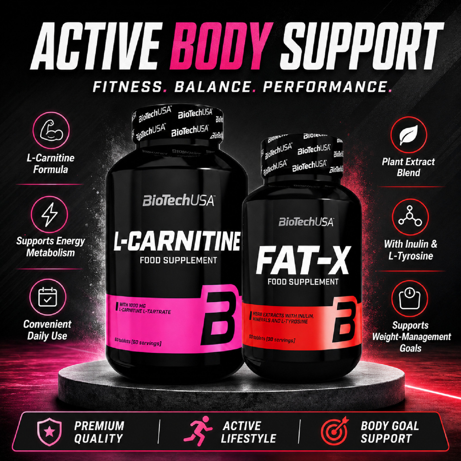 L-CARNITINE + FAT-X – Regeneration, fat burning, more energy, fitness, activity