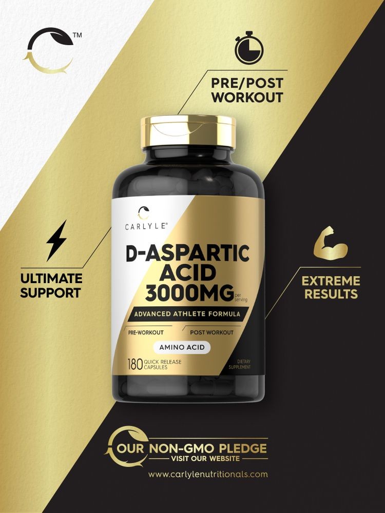 D Aspartic Acid Capsules | 3000mg | 180 Count | DAA | Non-GMO | by Carlyle
