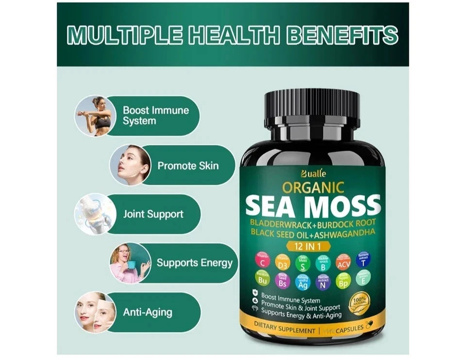 (1) Bualle Organic Sea Moss 12-in-1 Vitamin C D3 Bladderwrack 150 Capsules 8/27