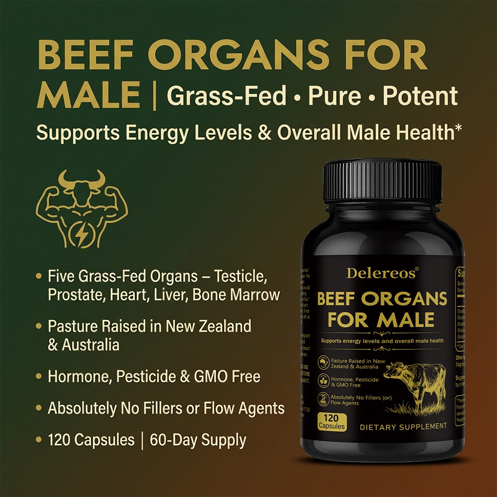 Delereos Grass-Fed Beef Organs Supplement for Men, 30/60/120 Caps, 60-Day Supply