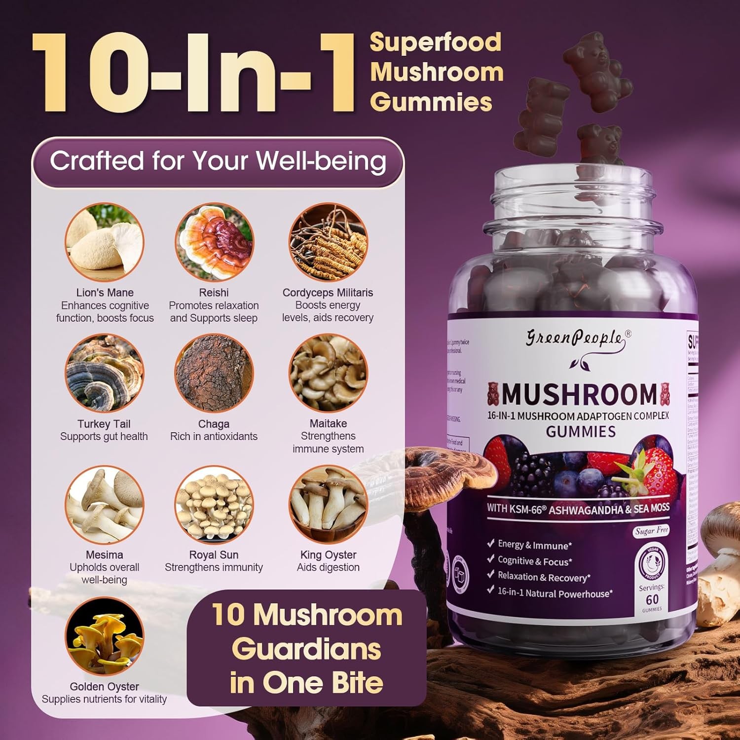 Mushroom Extract Complex Gummies Lions Mane Chaga 2-pack Focus Memory Immunity