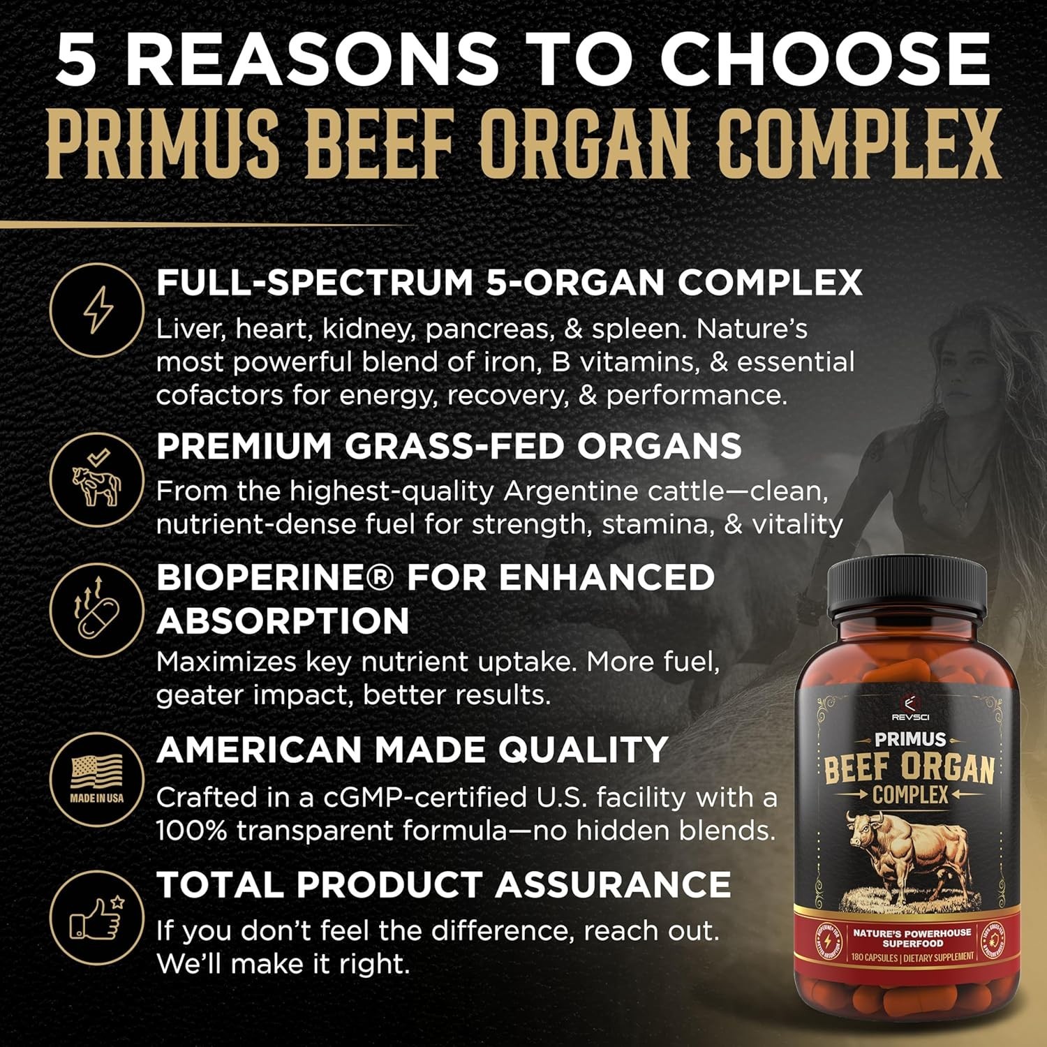 PRIMUS Grass Fed Beef Organ Supplement Complex 5 Organ Blend 180 Capsules REVSCI