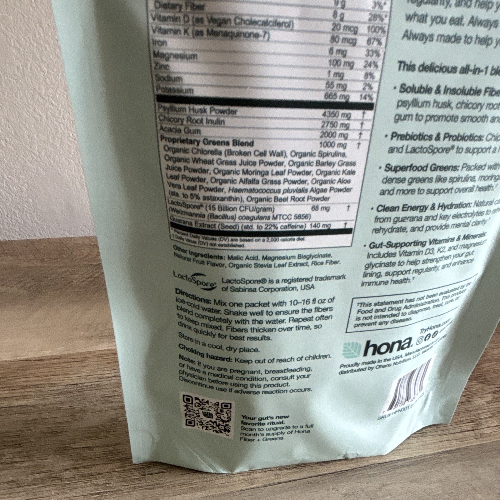 hona Fiber + Greens Gut & Superfood Blend Powder 3.2 oz (91 g) 7 Servings