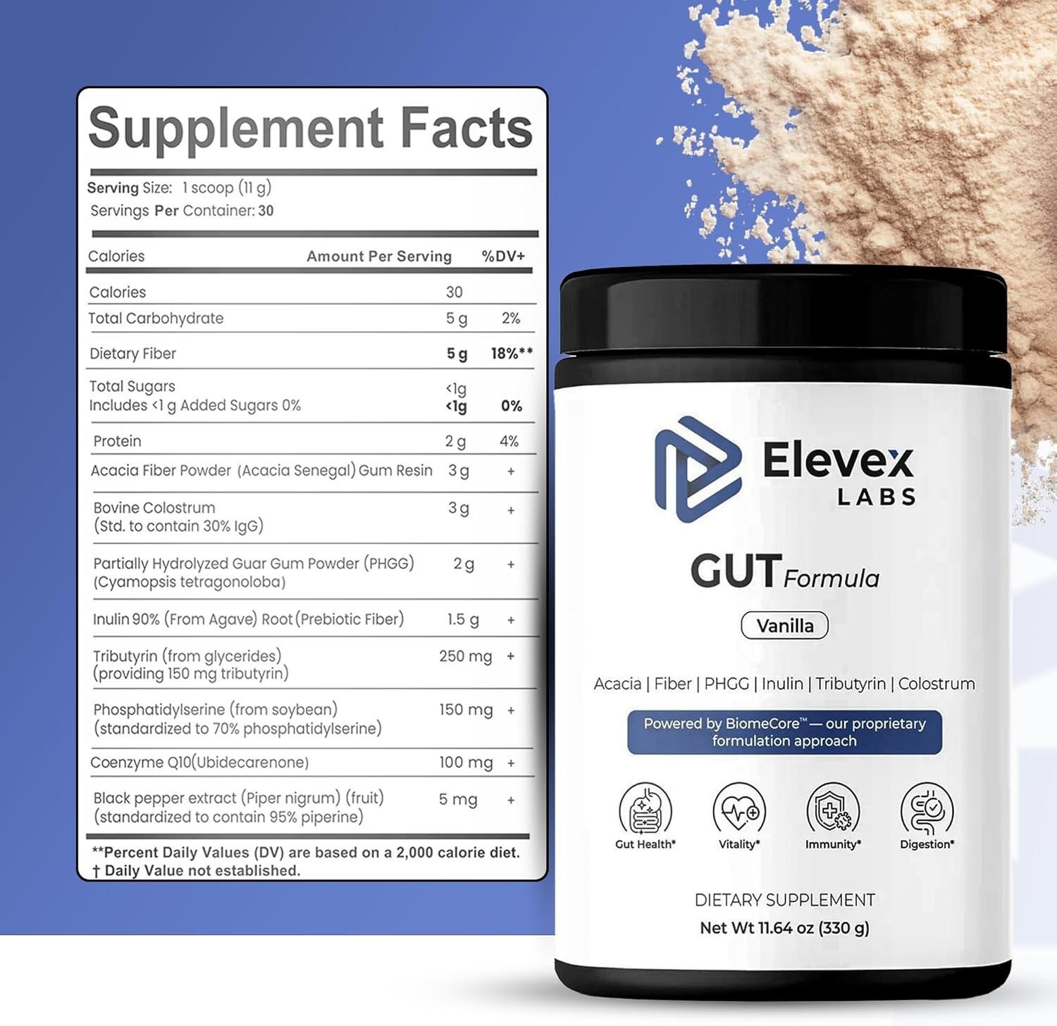 Elevex Gut Health Powder – 3g Colostrum (30% IgG) + Tributyrin 30 Servings.09/27