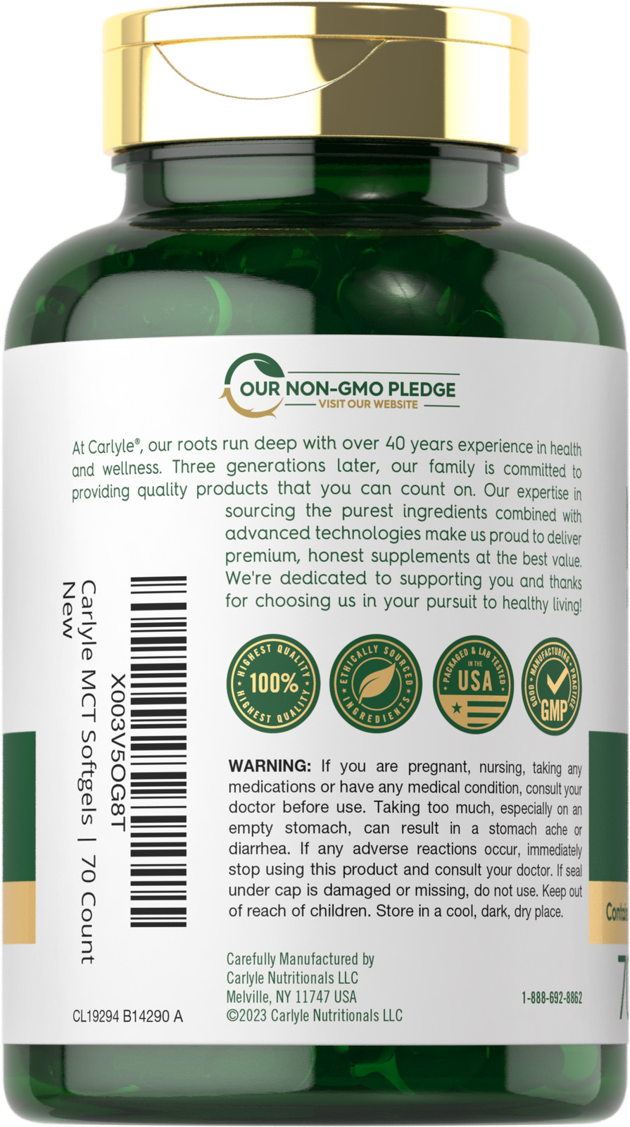 MCT Oil Capsules 3600 mg | 70 Softgels | Keto Coconut Oil Pills | by Carlyle