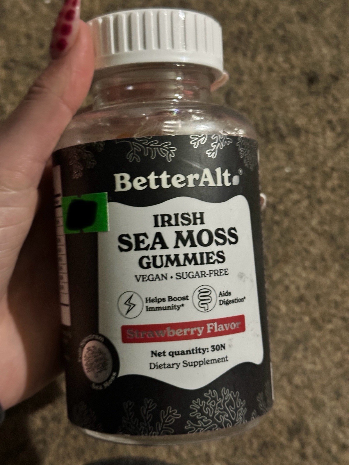 BetterAlt Irish Sea Moss Gummies Vegan Sugar-Free Strawberry Flavor 30 Ct