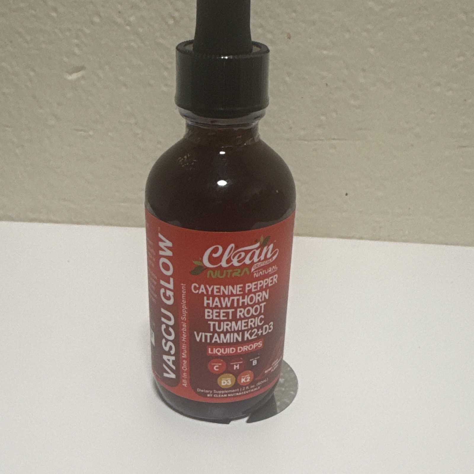 Clean Nutraceuticals Vascu Glow Liquid Drops 2 fl oz K2+D3 Cayenne Exp 10/2027