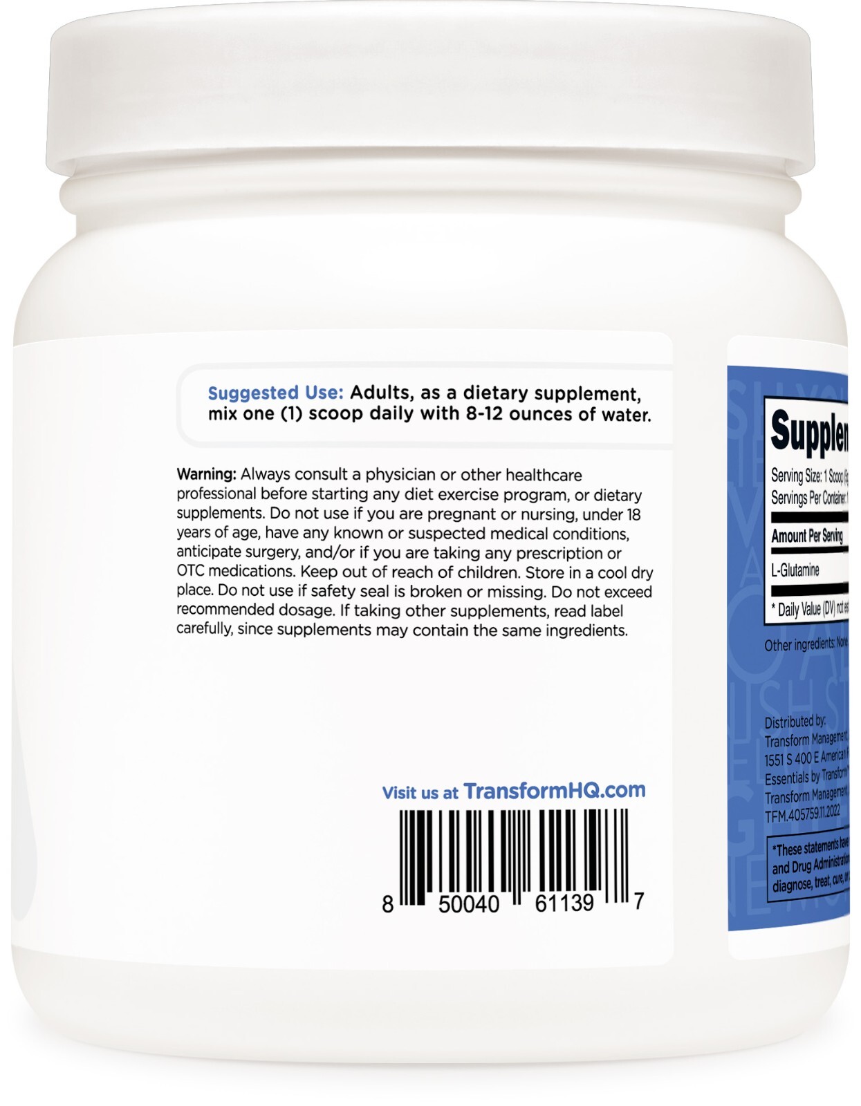 TransformHQ L-Glutamine Powder, 500G, 100 Servings – Gluten Free, Non-GMO