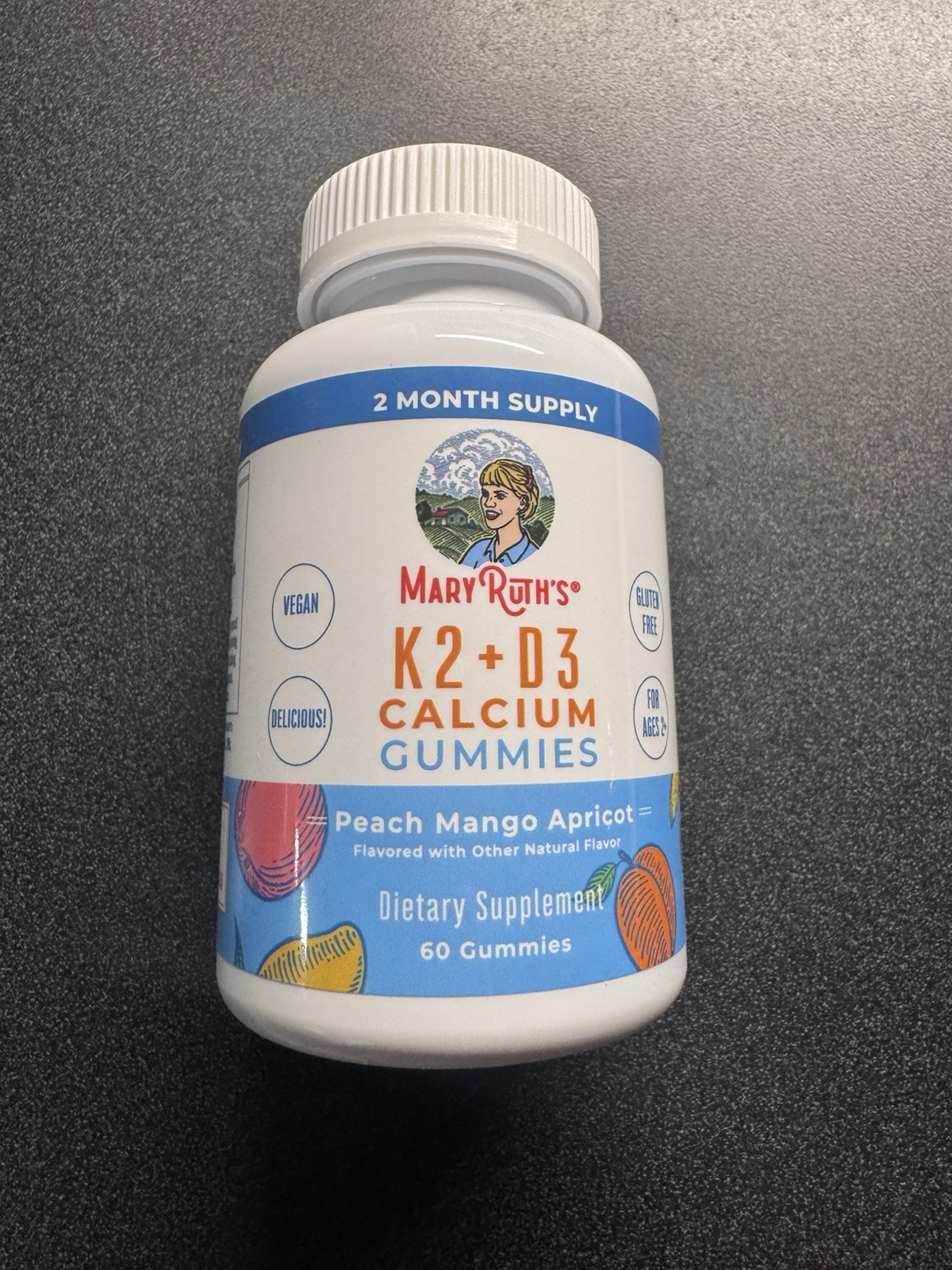 Mary Ruth’s Vitamin K2+D3 Calcium Gummies, Peach Mango & Apricot, 60 count.