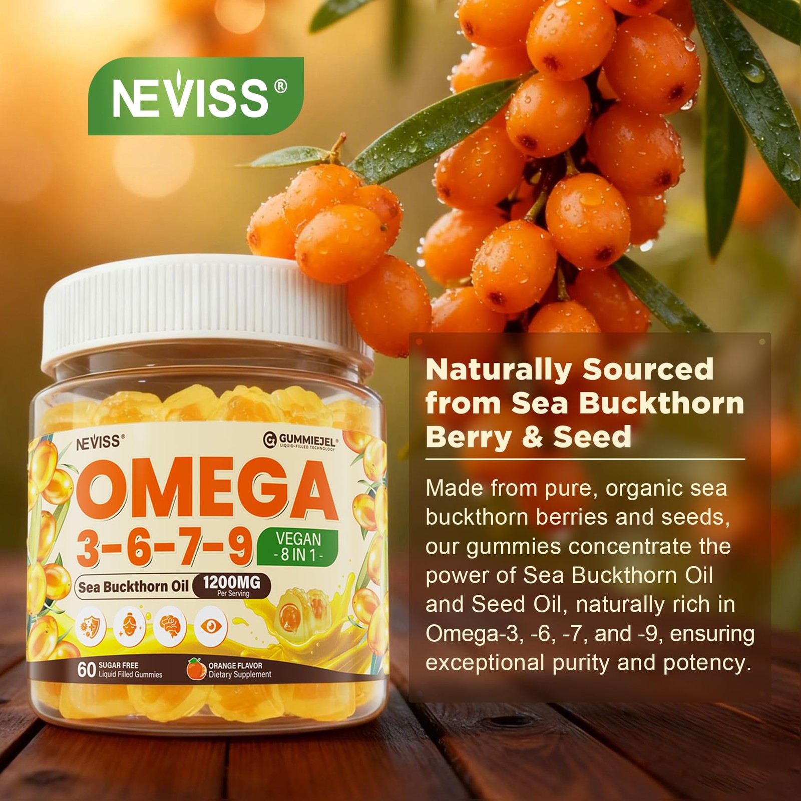 Neviss Omega 3-6-7-9 Gummies Organic Sea Buckthorn Oil Oil 500Mg Vegan Omega 7