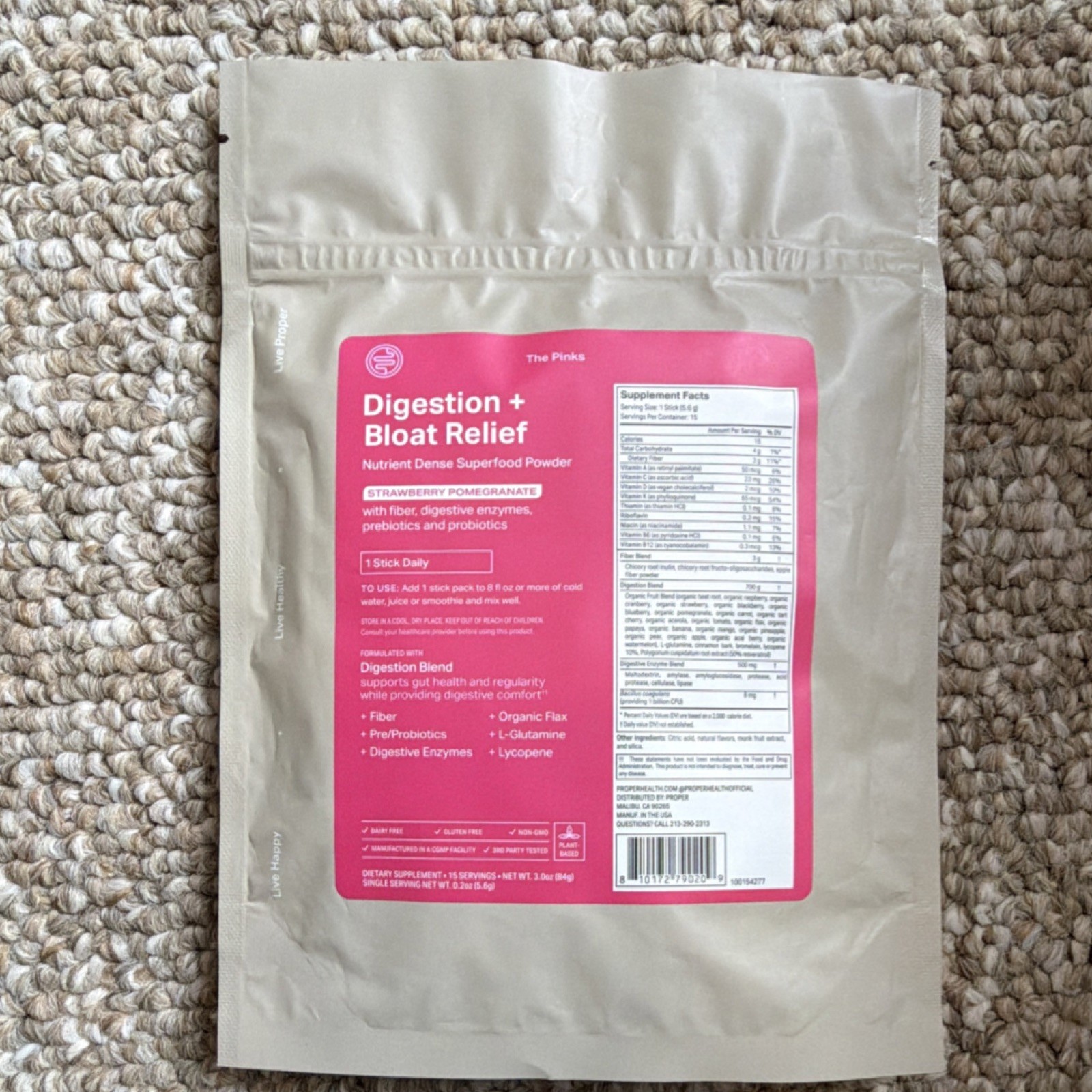 Proper Superfood Powder Strawberry Pomegranate Digestive Support 15ct