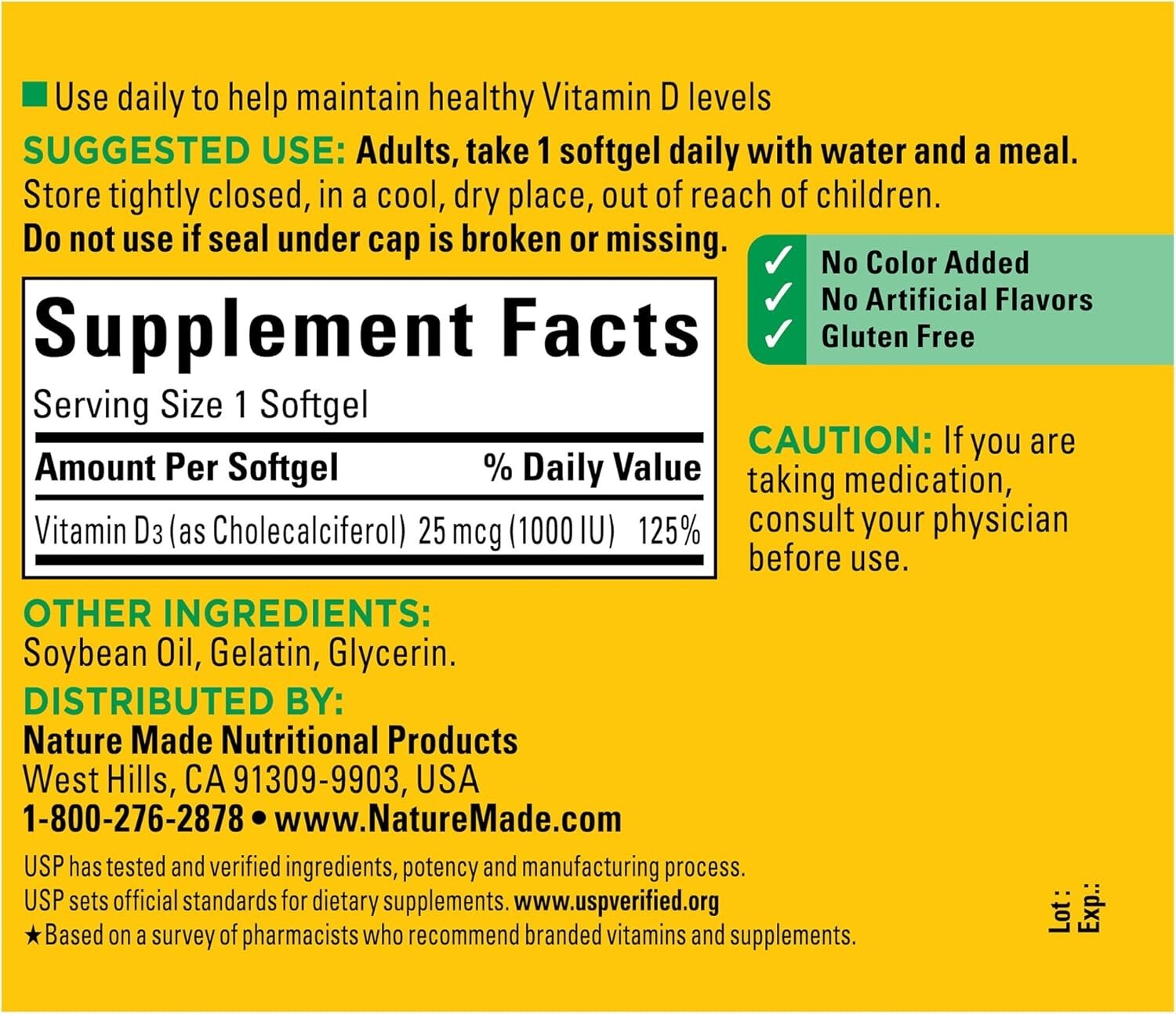 Lot of 3 x Nature Made Vitamin D3 1000 IU (25 mcg) Supplement 180 Softgels