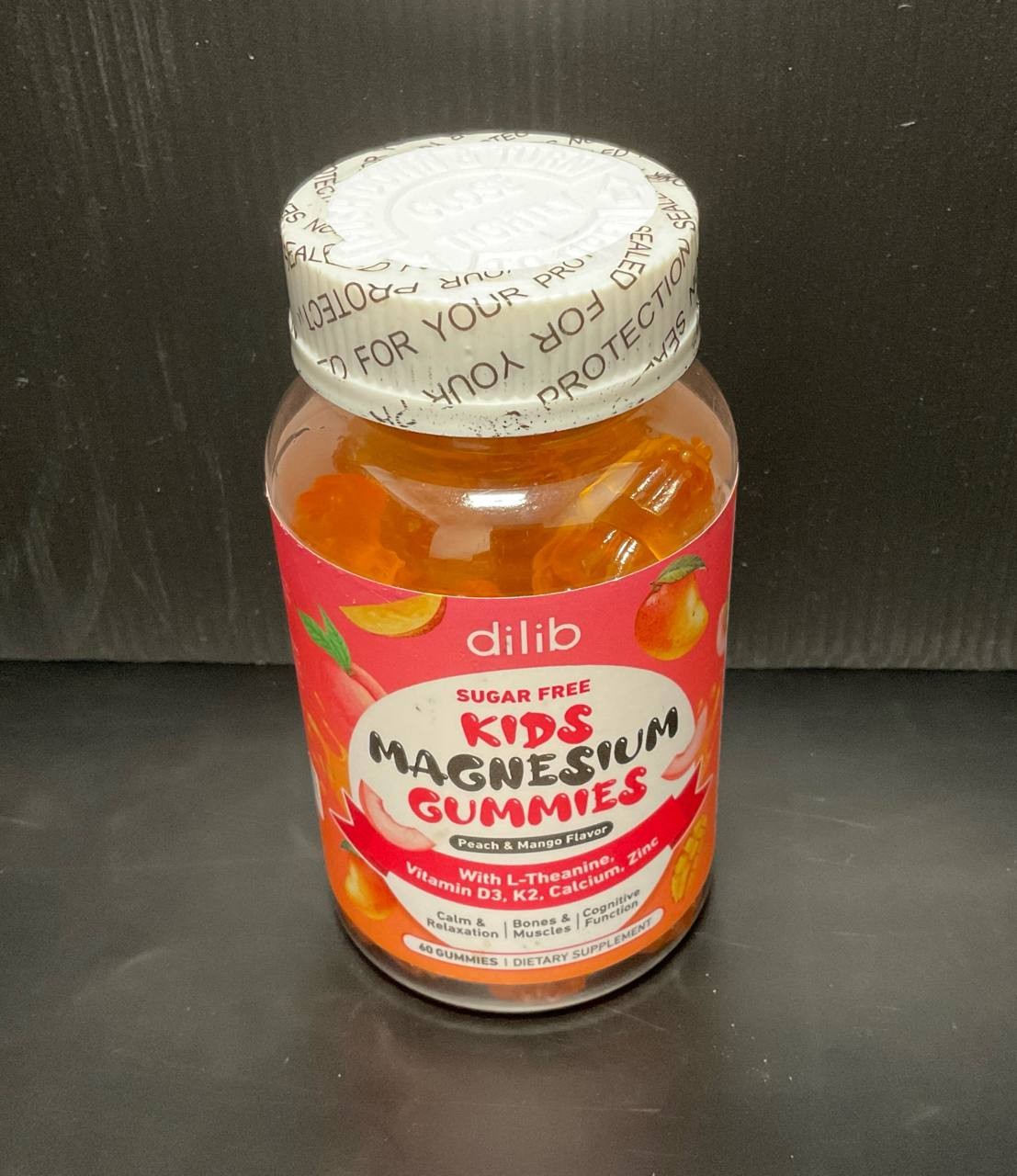 Dilib Sugar Free Kids Magnesium Gummies Peach Mango 60ct L-Theanine Vit D3 K2