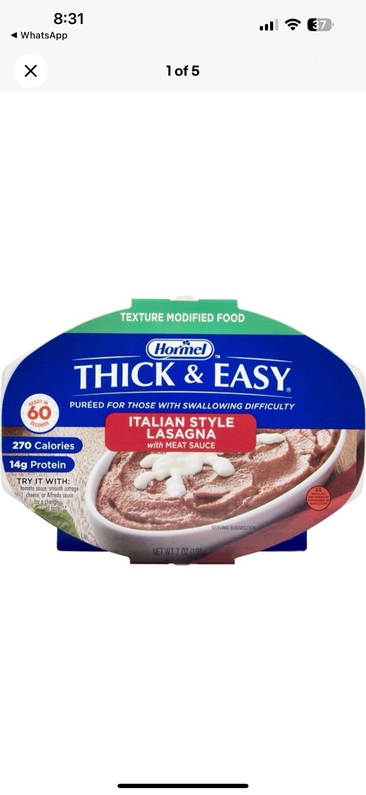 Thick & Easy Purees Thickened Food Beef Lasagna 7oz Tray 7 Ct 60744 Ex: 2/28/26